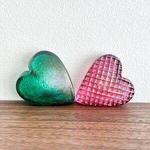 Set of 2 Signed Robert Held Glass Heart Paperweights